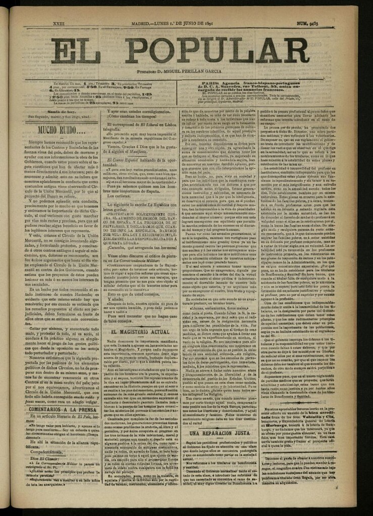 Miniatura de El Popular: diario independiente, político, literario y de noticias de interés general del 1 de junio de 1891, nº 9433