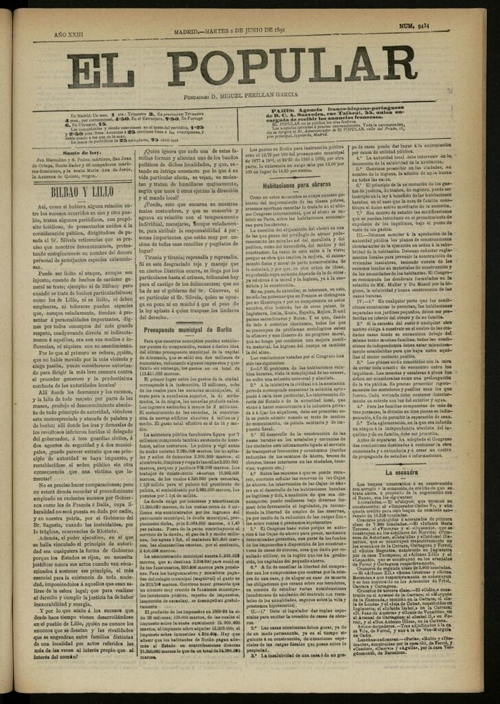 Miniatura de El Popular: diario independiente, político, literario y de noticias de interés general del 2 de junio de 1891, nº 9434