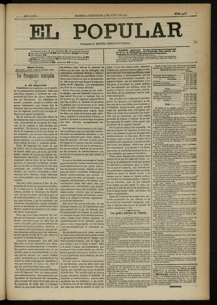 Miniatura de El Popular: diario independiente, político, literario y de noticias de interés general del 3 de junio de 1891, nº 9435