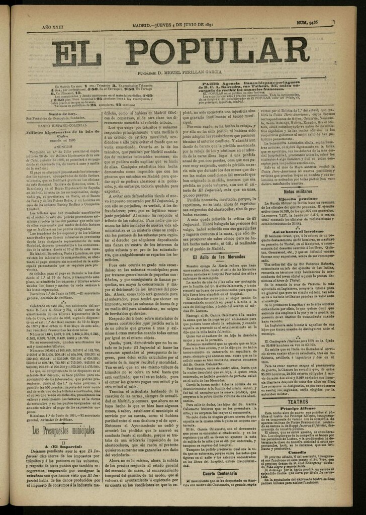 Miniatura de El Popular: diario independiente, político, literario y de noticias de interés general del 4 de junio de 1891, nº 9436