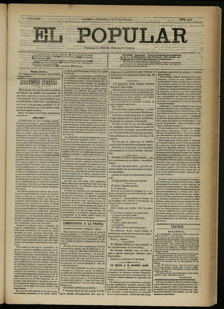 Miniatura de El Popular: diario independiente, político, literario y de noticias de interés general del 5 de junio de 1891, nº 9437