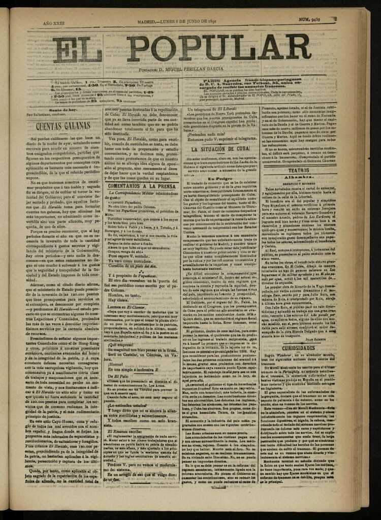 Miniatura de El Popular: diario independiente, político, literario y de noticias de interés general del 8 de junio de 1891, nº 9439