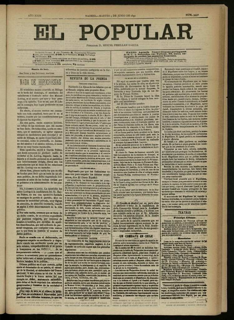 Miniatura de El Popular: diario independiente, político, literario y de noticias de interés general del 9 de junio de 1891, nº 9440
