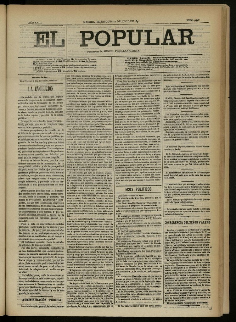 Miniatura de El Popular: diario independiente, político, literario y de noticias de interés general del 10 de junio de 1891, nº 9441