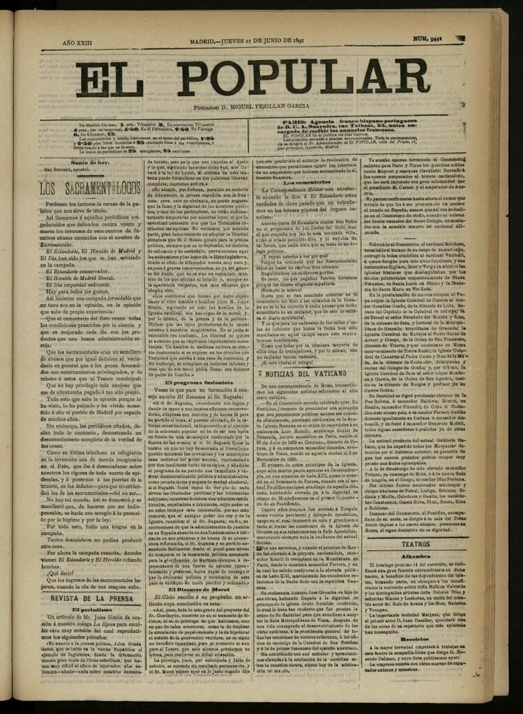 Miniatura de El Popular: diario independiente, político, literario y de noticias de interés general del 11 de junio de 1891, nº 9442