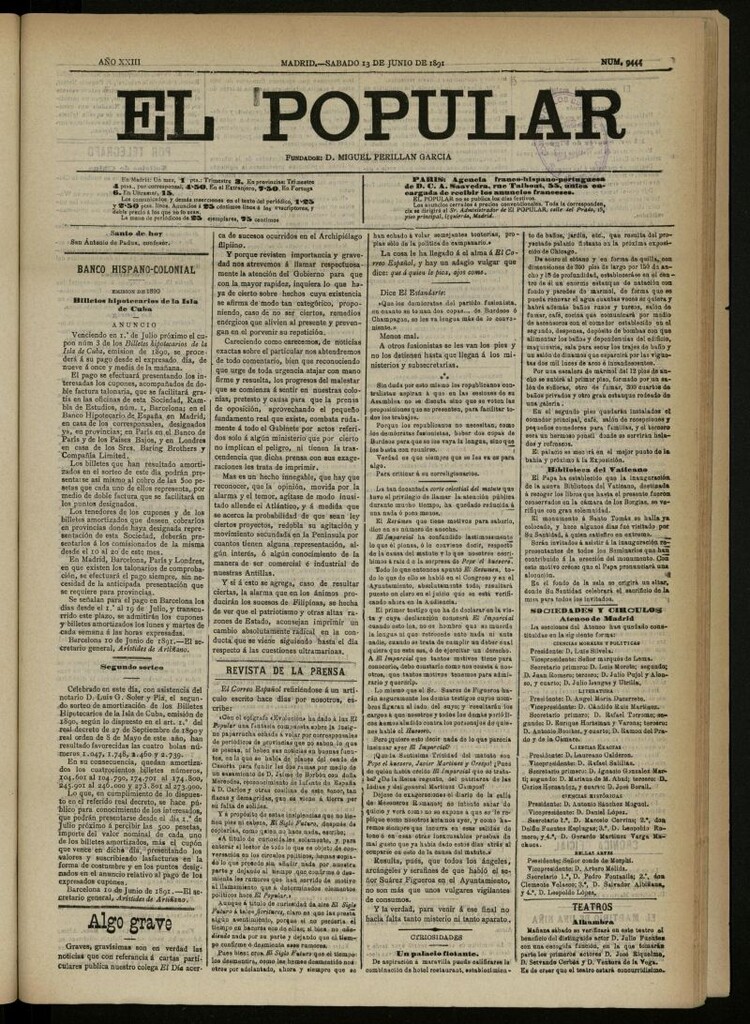Miniatura de El Popular: diario independiente, político, literario y de noticias de interés general del 13 de junio de 1891, nº 9444