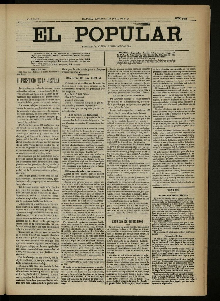 Miniatura de El Popular: diario independiente, político, literario y de noticias de interés general del 15 de junio de 1891, nº 9445