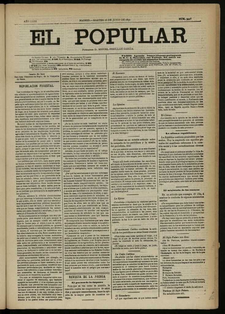 Miniatura de El Popular: diario independiente, político, literario y de noticias de interés general del 16 de junio de 1891, nº 9446
