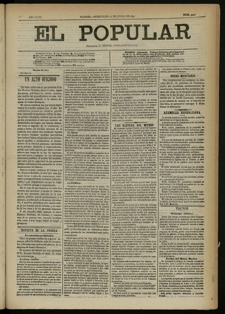 Miniatura de El Popular: diario independiente, político, literario y de noticias de interés general del 17 de junio de 1891, nº 9447