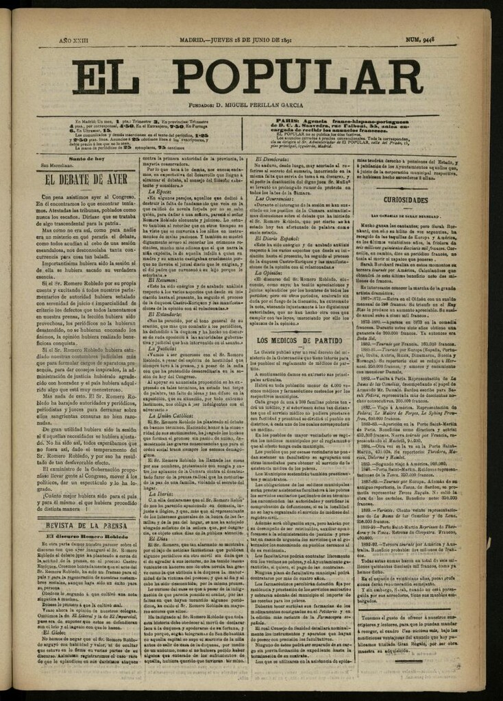 Miniatura de El Popular: diario independiente, político, literario y de noticias de interés general del 18 de junio de 1891, nº 9448