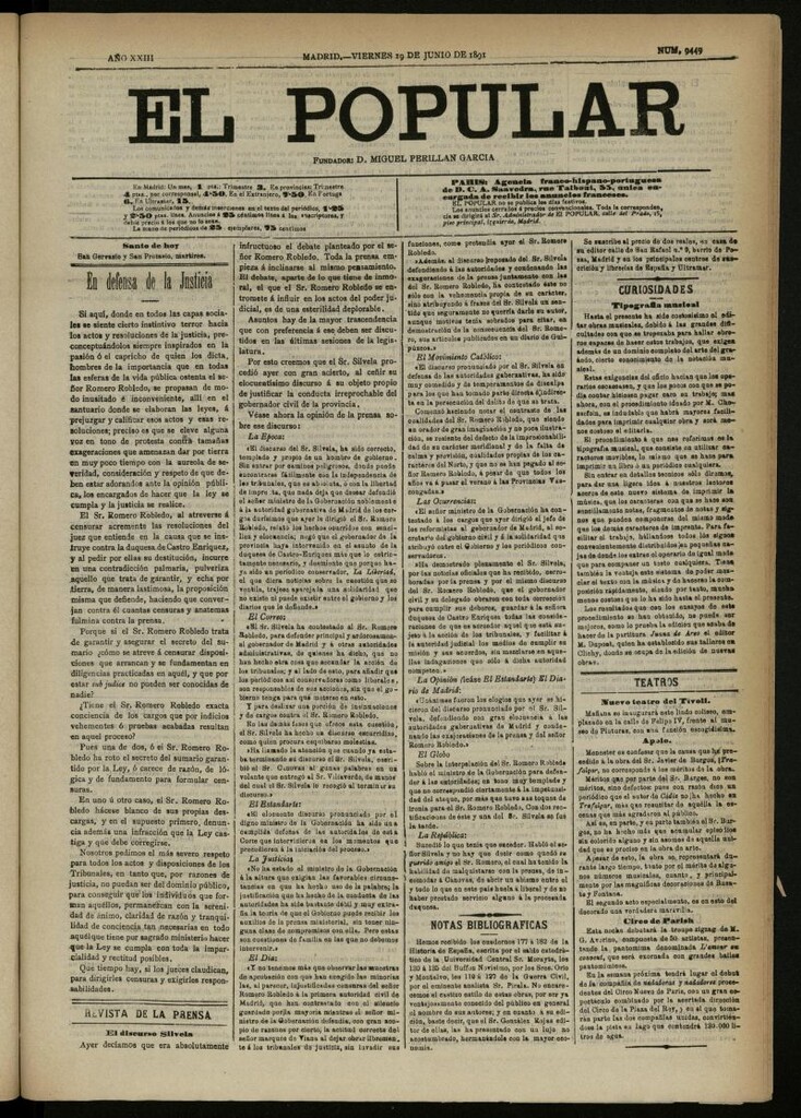 Miniatura de El Popular: diario independiente, político, literario y de noticias de interés general del 19 de junio de 1891, nº 9449
