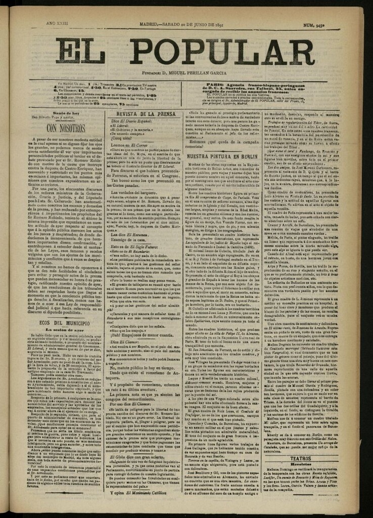 Miniatura de El Popular: diario independiente, político, literario y de noticias de interés general del 20 de junio de 1891, nº 9450
