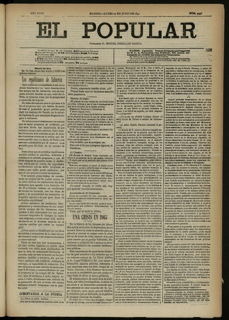 Miniatura de El Popular: diario independiente, político, literario y de noticias de interés general del 22 de junio de 1891, nº 9451