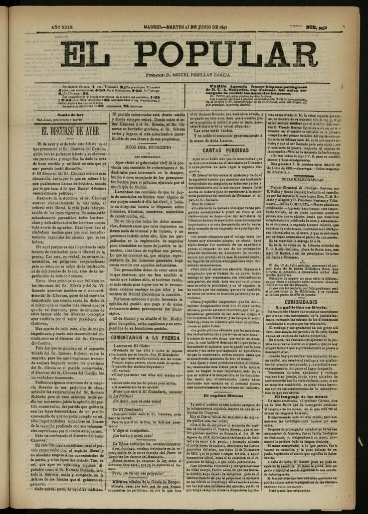 Miniatura de El Popular: diario independiente, político, literario y de noticias de interés general del 23 de junio de 1891, nº 9452