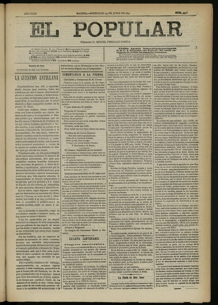 Miniatura de El Popular: diario independiente, político, literario y de noticias de interés general del 24 de junio de 1891, nº 9453