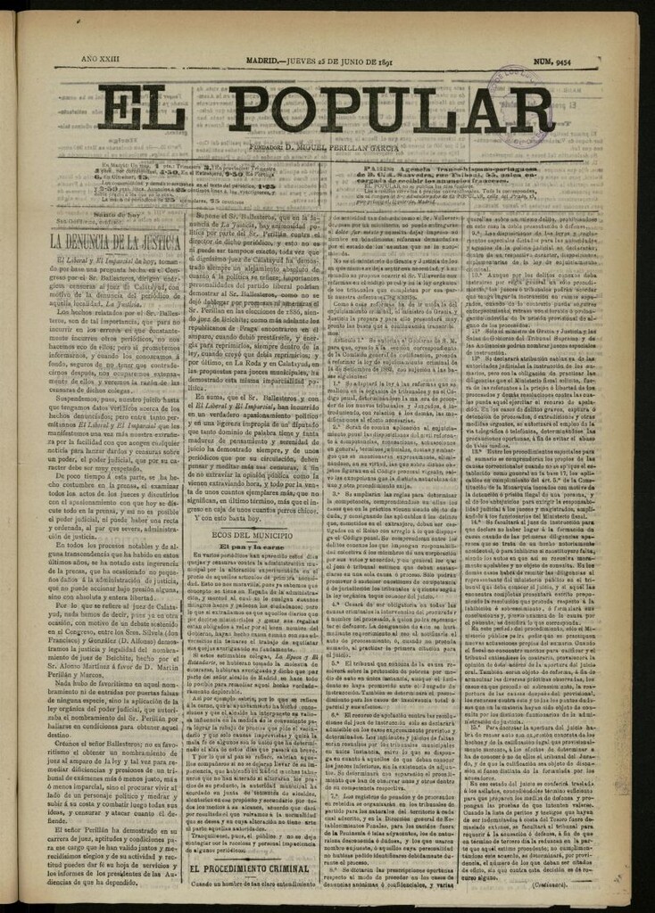 Miniatura de El Popular: diario independiente, político, literario y de noticias de interés general del 25 de junio de 1891, nº 9454