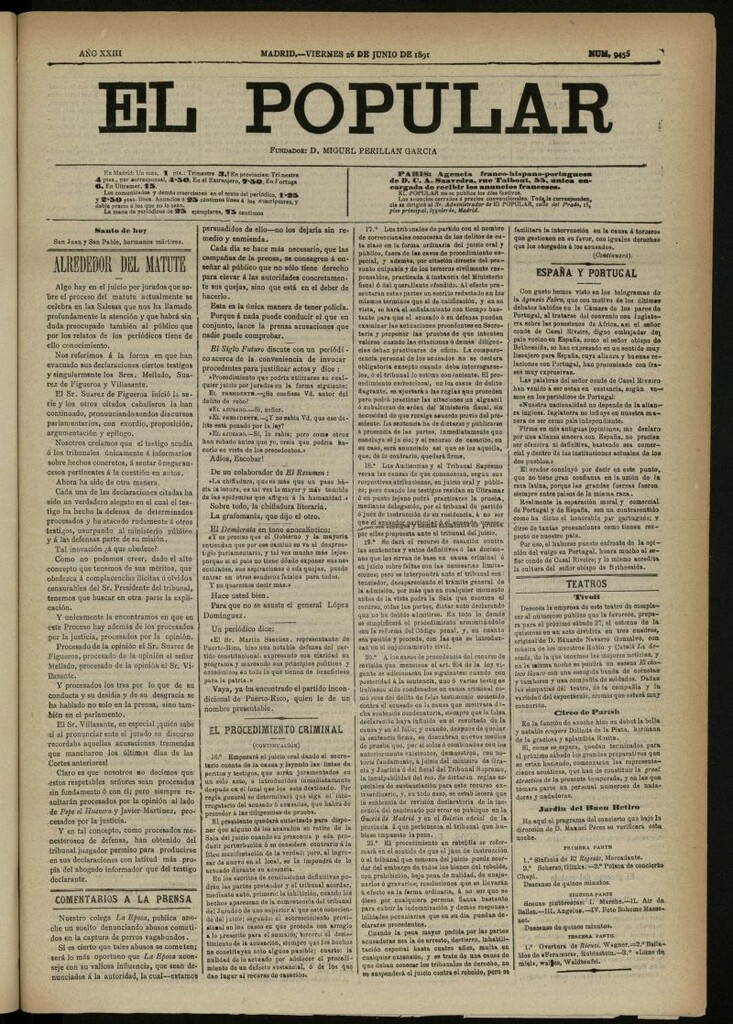 Miniatura de El Popular: diario independiente, político, literario y de noticias de interés general del 26 de junio de 1891, nº 9455