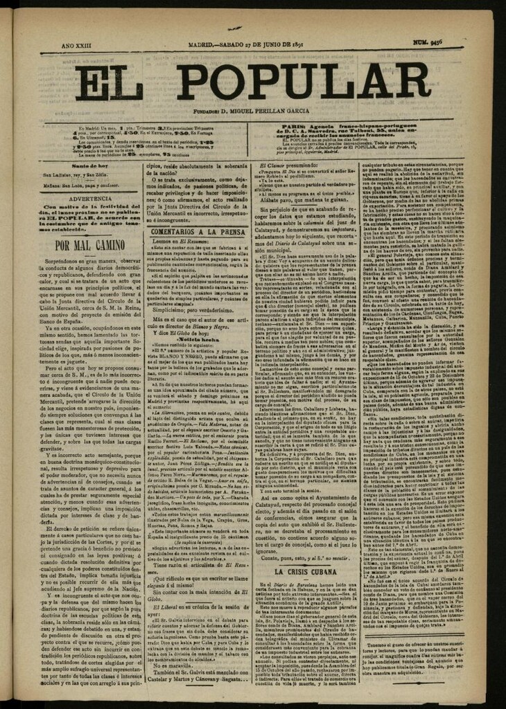 Miniatura de El Popular: diario independiente, político, literario y de noticias de interés general del 27 de junio de 1891, nº 9456