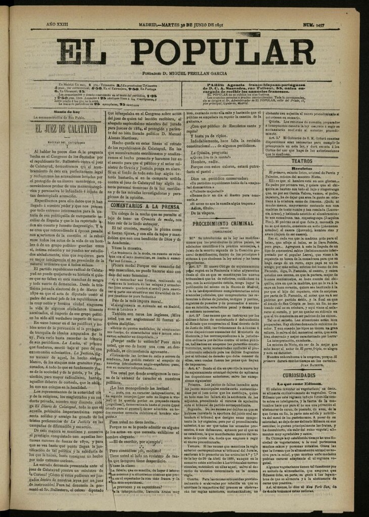 Miniatura de El Popular: diario independiente, político, literario y de noticias de interés general del 30 de junio de 1891, nº 9457