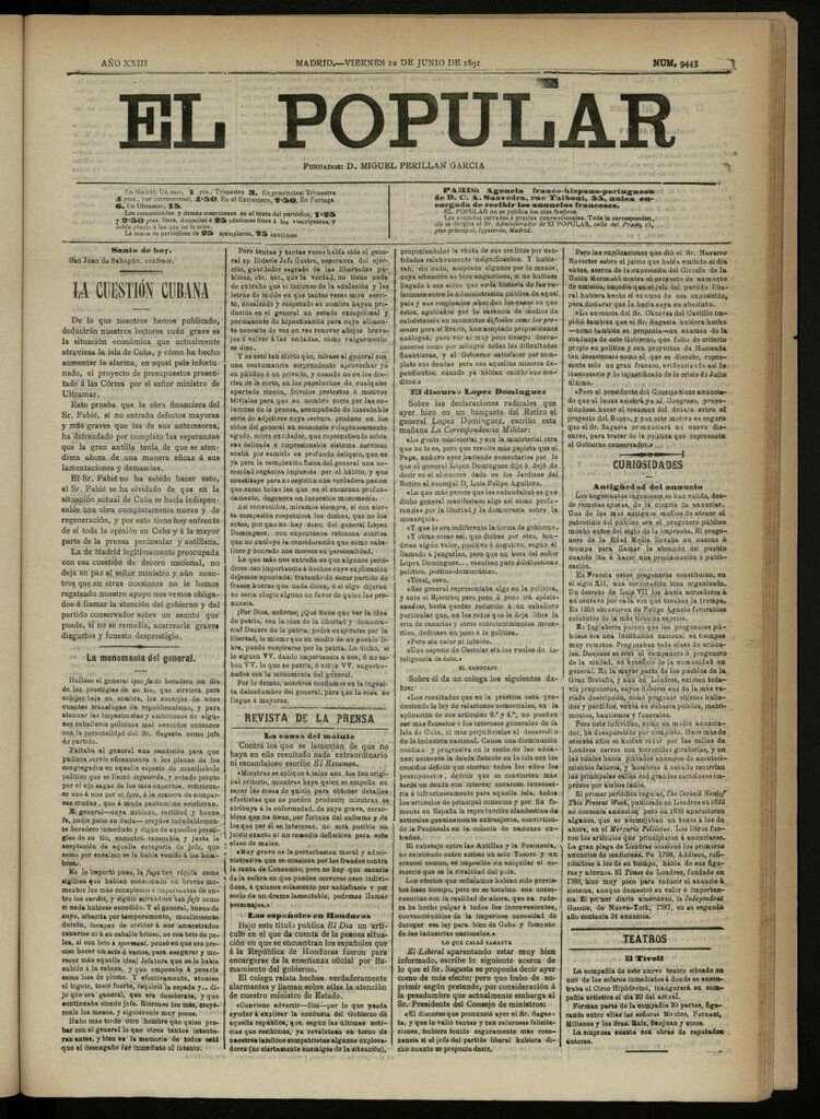 Miniatura de El Popular: diario independiente, político, literario y de noticias de interés genera ldel 12 de junio de 1891, nº 9443
