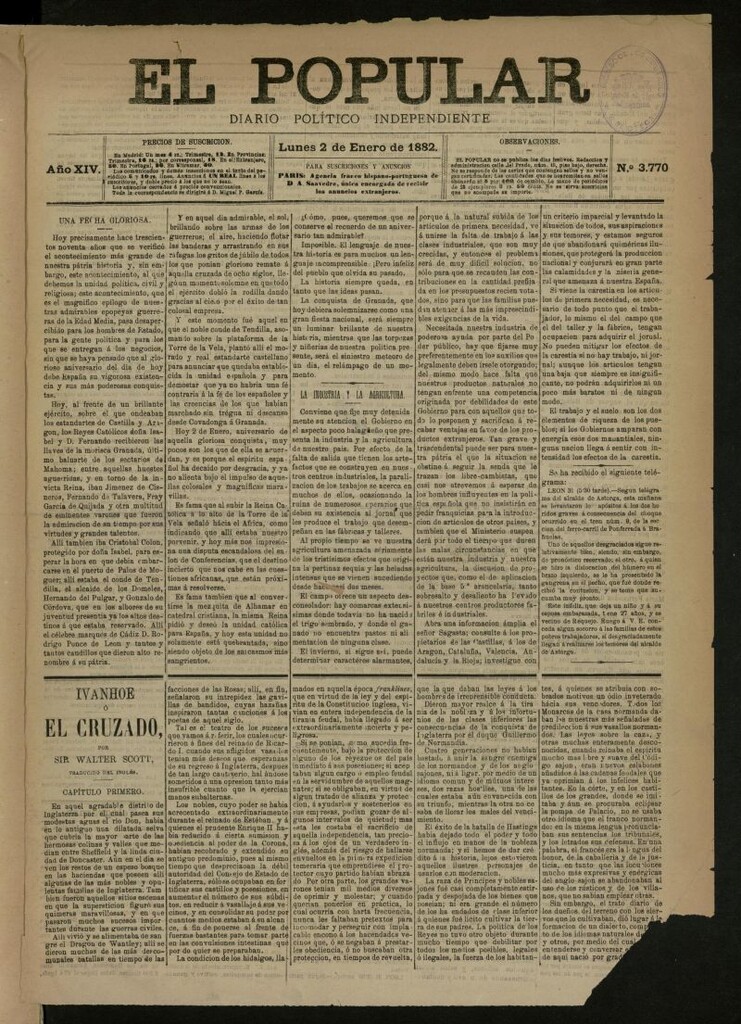 Miniatura de El Popular: diario independiente, político, literario y de noticias de interés general del 2 de enero de 1882, nº 3770
