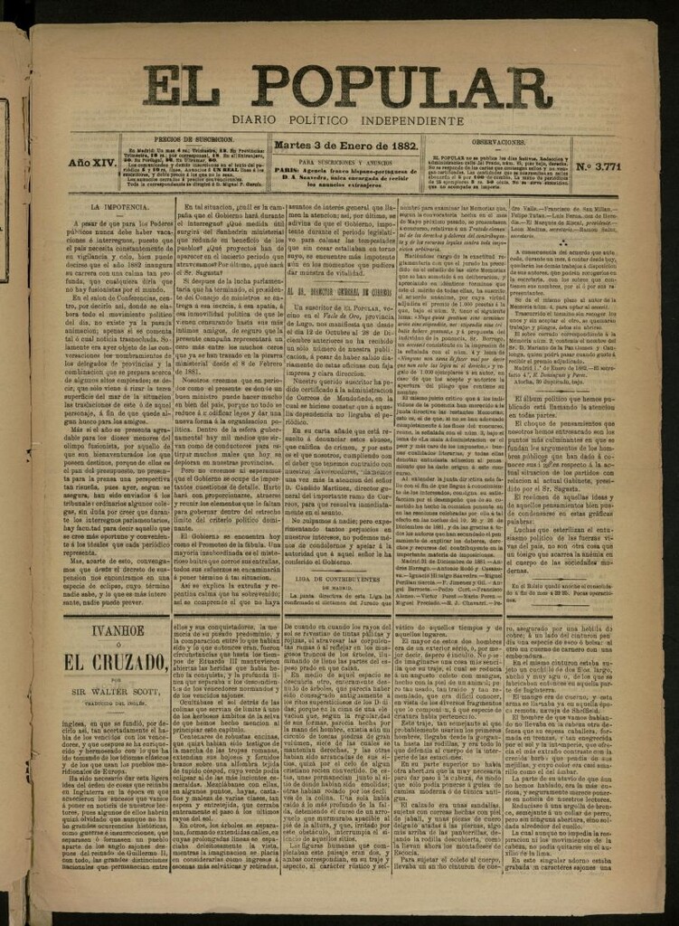 Miniatura de El Popular: diario independiente, político, literario y de noticias de interés general del 3 de enero de 1882, nº 3771