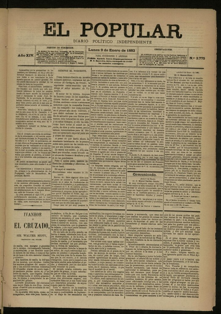 Miniatura de El Popular: diario independiente, político, literario y de noticias de interés general del 9 de enero de 1882, nº 3775