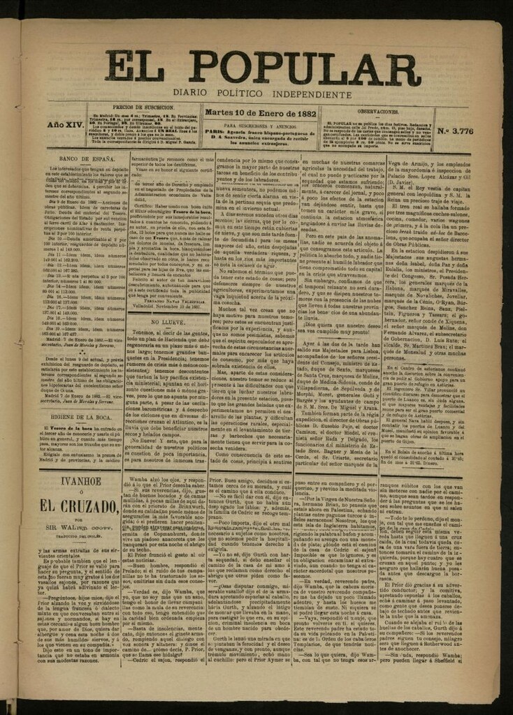 Miniatura de El Popular: diario independiente, político, literario y de noticias de interés general del 10 de enero de 1882, nº 3776