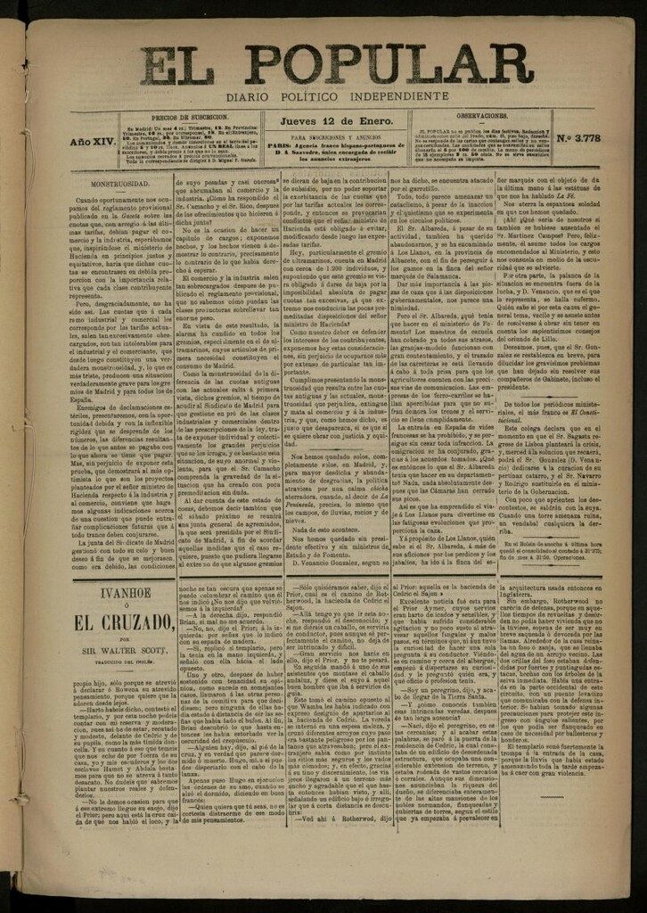 Miniatura de El Popular: diario independiente, político, literario y de noticias de interés general del 12 de enero de 1882, nº 3778