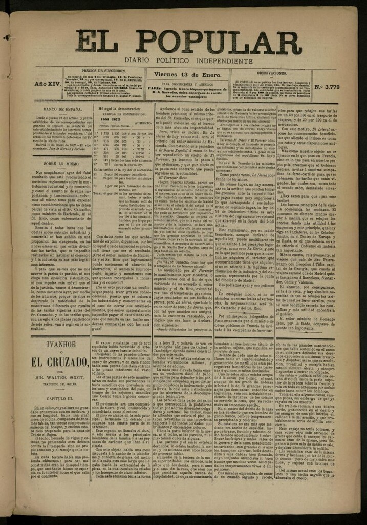 Miniatura de El Popular: diario independiente, político, literario y de noticias de interés general del 13 de enero de 1882, nº 3779