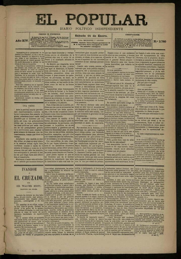 Miniatura de El Popular: diario independiente, político, literario y de noticias de interés general del 14 de enero de 1882, nº 3780