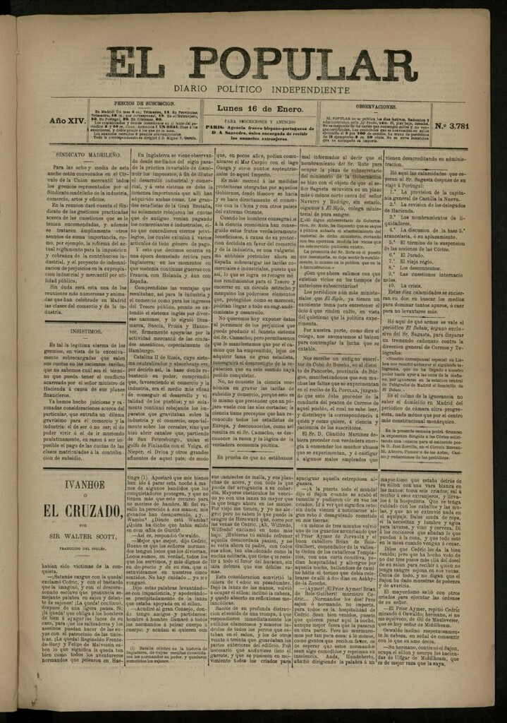 Miniatura de El Popular: diario independiente, político, literario y de noticias de interés general del 16 de enero de 1882, nº 3781