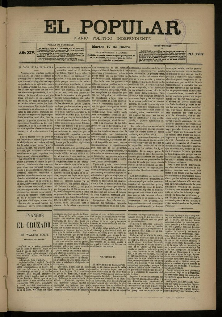 Miniatura de El Popular: diario independiente, político, literario y de noticias de interés general del 17 de enero de 1882, nº 3782