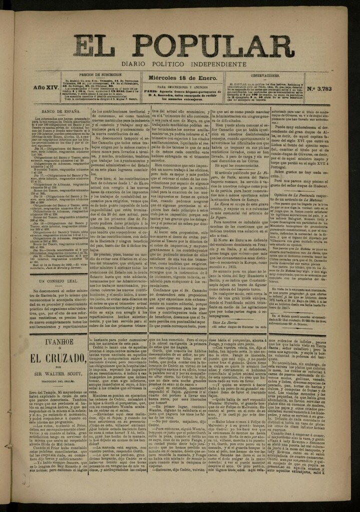 Miniatura de El Popular: diario independiente, político, literario y de noticias de interés general del 18 de enero de 1882, nº 3783