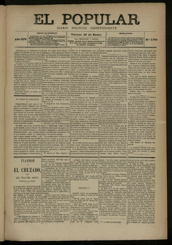 Miniatura de El Popular: diario independiente, político, literario y de noticias de interés general del 20 de enero de 1882, nº 3785