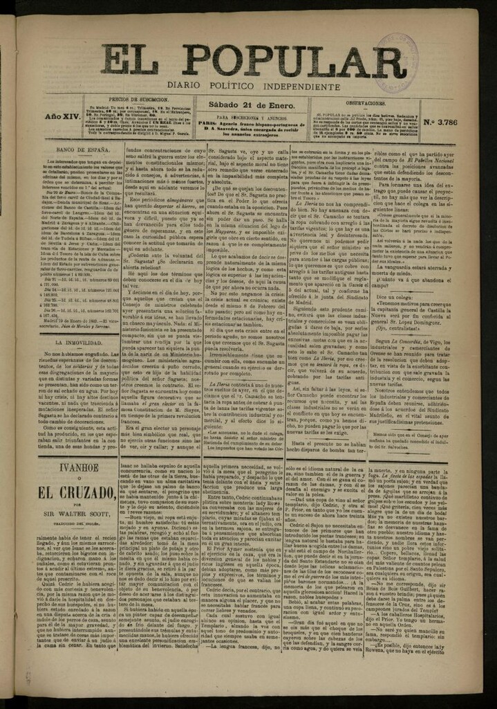 Miniatura de El Popular: diario independiente, político, literario y de noticias de interés general del 21 de enero de 1882, nº 3786