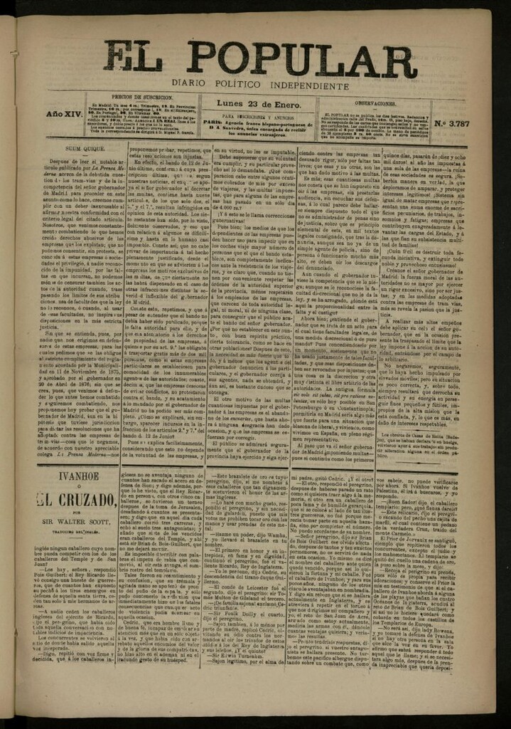 Miniatura de El Popular: diario independiente, político, literario y de noticias de interés general del 23 de enero de 1882, nº 3787