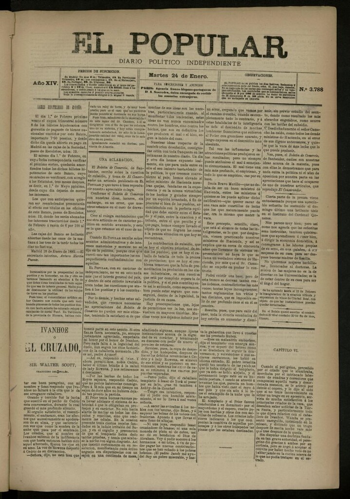 Miniatura de El Popular: diario independiente, político, literario y de noticias de interés general del 24 de enero de 1882, nº 3788