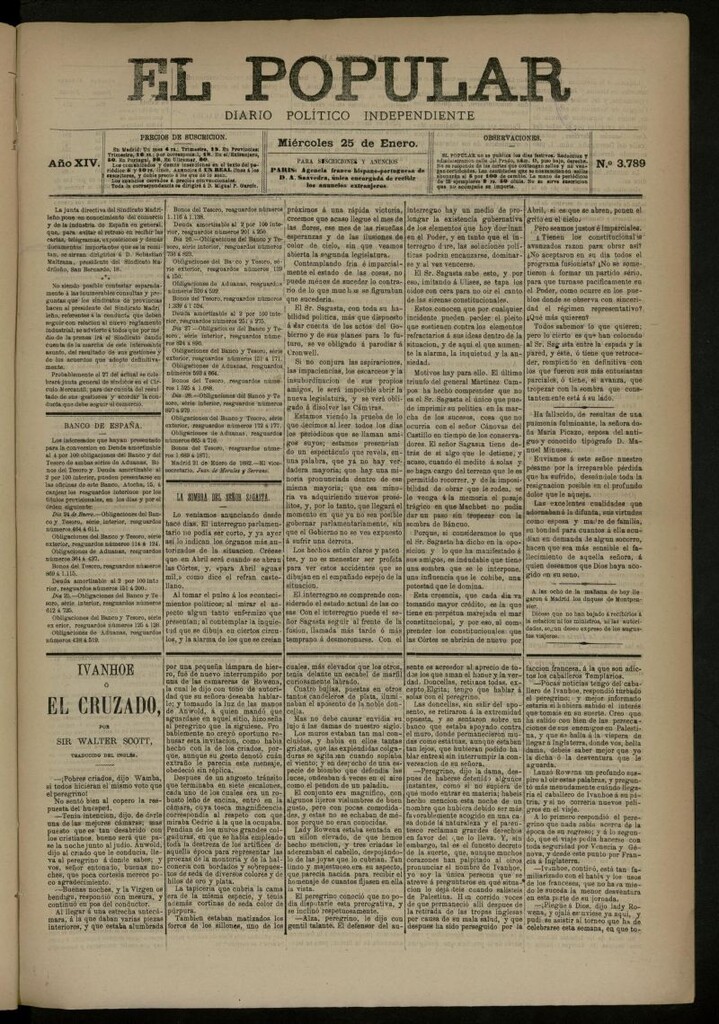 Miniatura de El Popular: diario independiente, político, literario y de noticias de interés general del 25 de enero de 1882, nº 3789