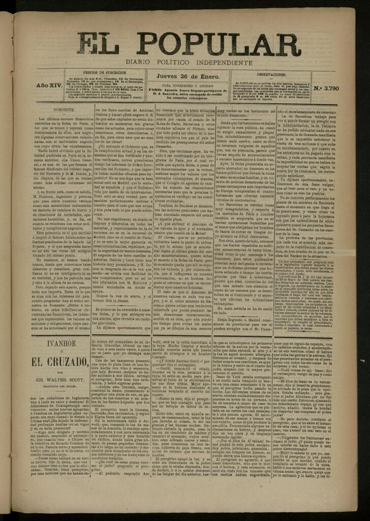 Miniatura de El Popular: diario independiente, político, literario y de noticias de interés general del 26 de enero de 1882, nº 3790
