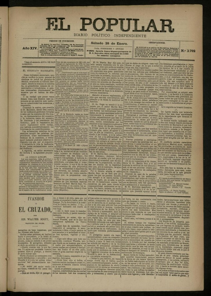Miniatura de El Popular: diario independiente, político, literario y de noticias de interés general del 28 de enero de 1882, nº 3792