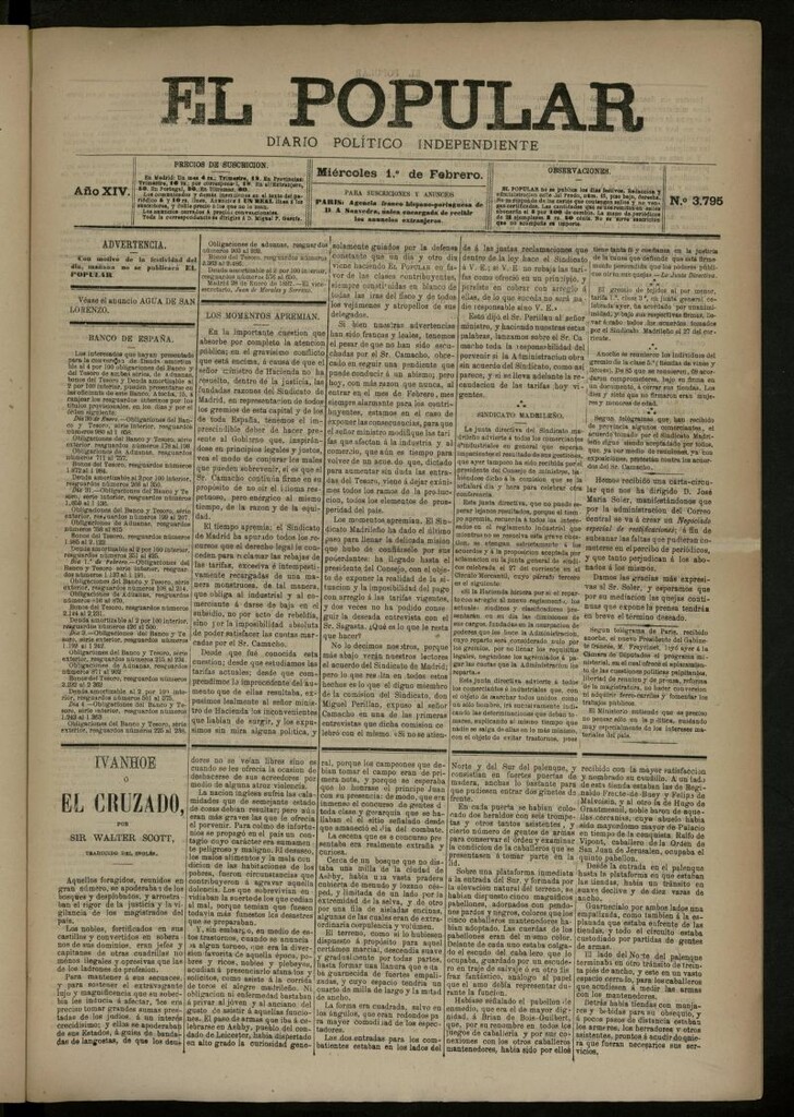Miniatura de El Popular: diario independiente, político, literario y de noticias de interés general del 1 de febrero de 1882, nº 3795