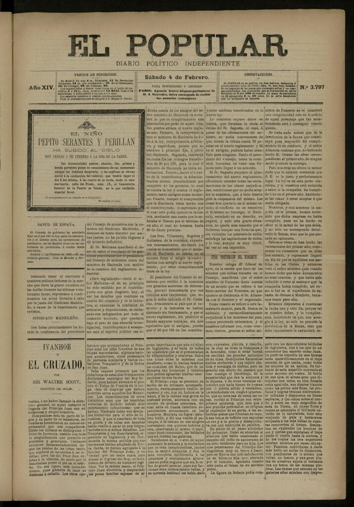 Miniatura de El Popular: diario independiente, político, literario y de noticias de interés general del 4 de febrero de 1882, nº 3797