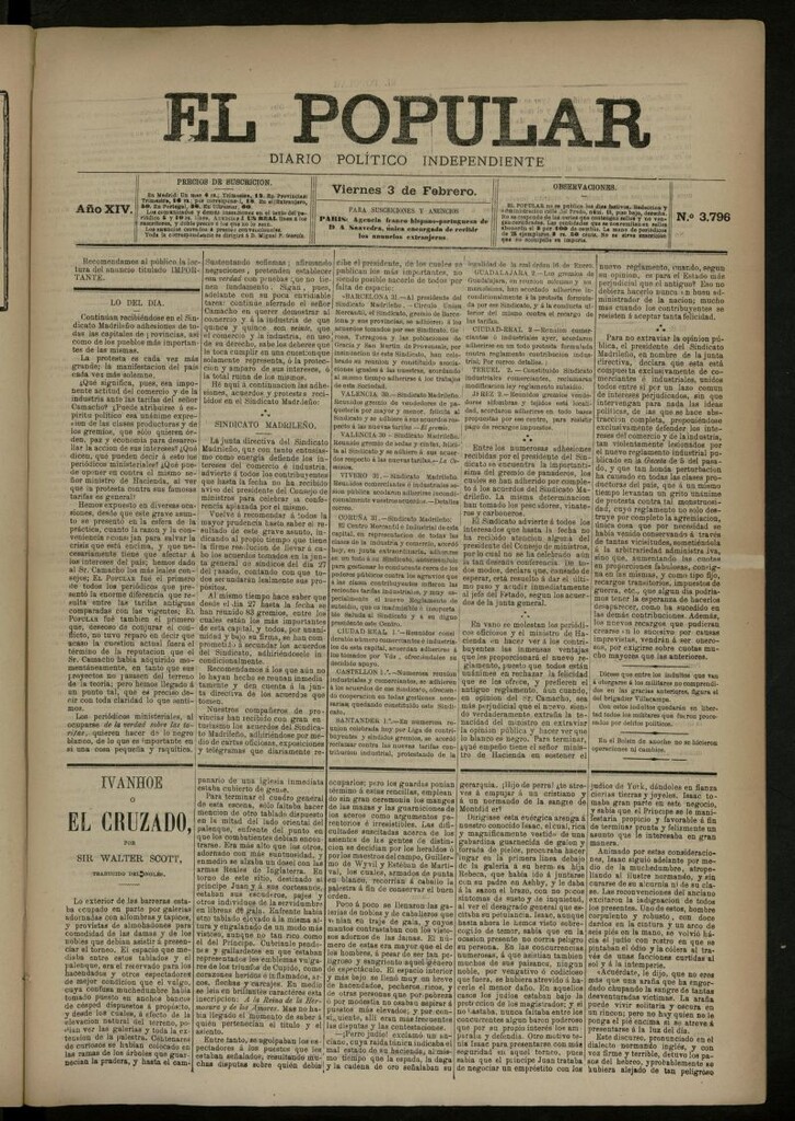 Miniatura de El Popular: diario independiente, político, literario y de noticias de interés general del 3 de febrero de 1882, nº 3796