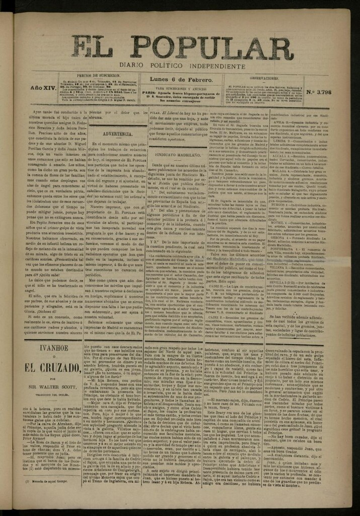 Miniatura de El Popular: diario independiente, político, literario y de noticias de interés general del 6 de febrero de 1882, nº 3798