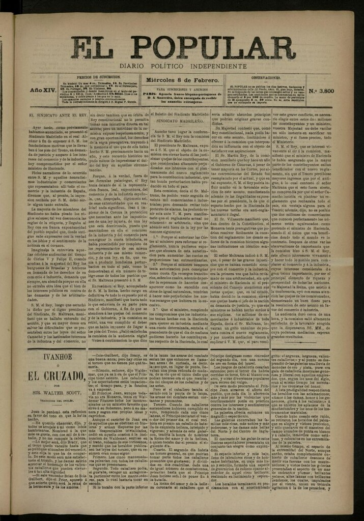 Miniatura de El Popular: diario independiente, político, literario y de noticias de interés general del 8 de febrero de 1882, nº 3800