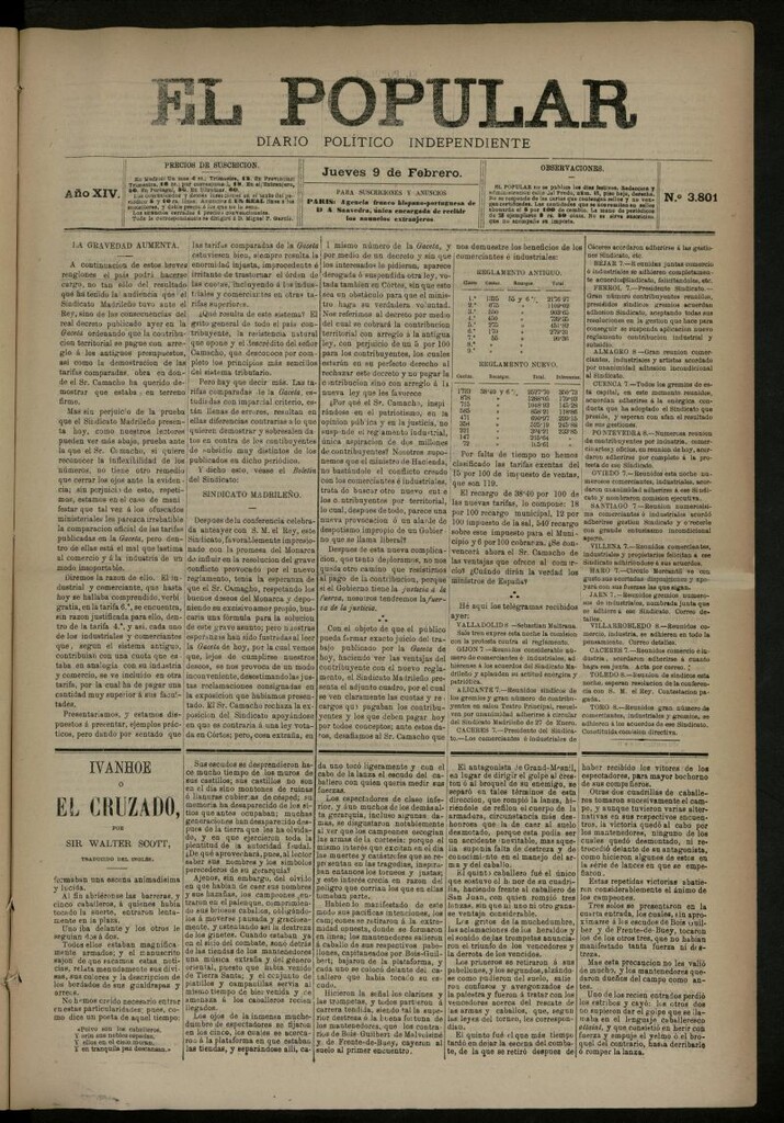 Miniatura de El Popular: diario independiente, político, literario y de noticias de interés general del 9 de febrero de 1882, nº 3801