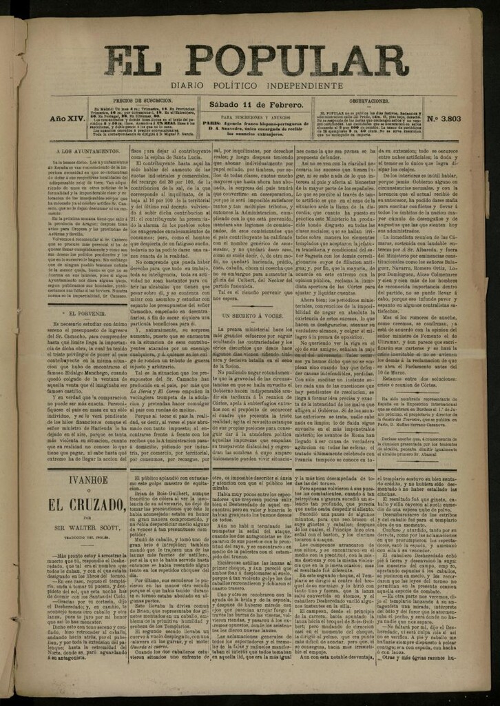 Miniatura de El Popular: diario independiente, político, literario y de noticias de interés general del 11 de febrero de 1882, nº 3803