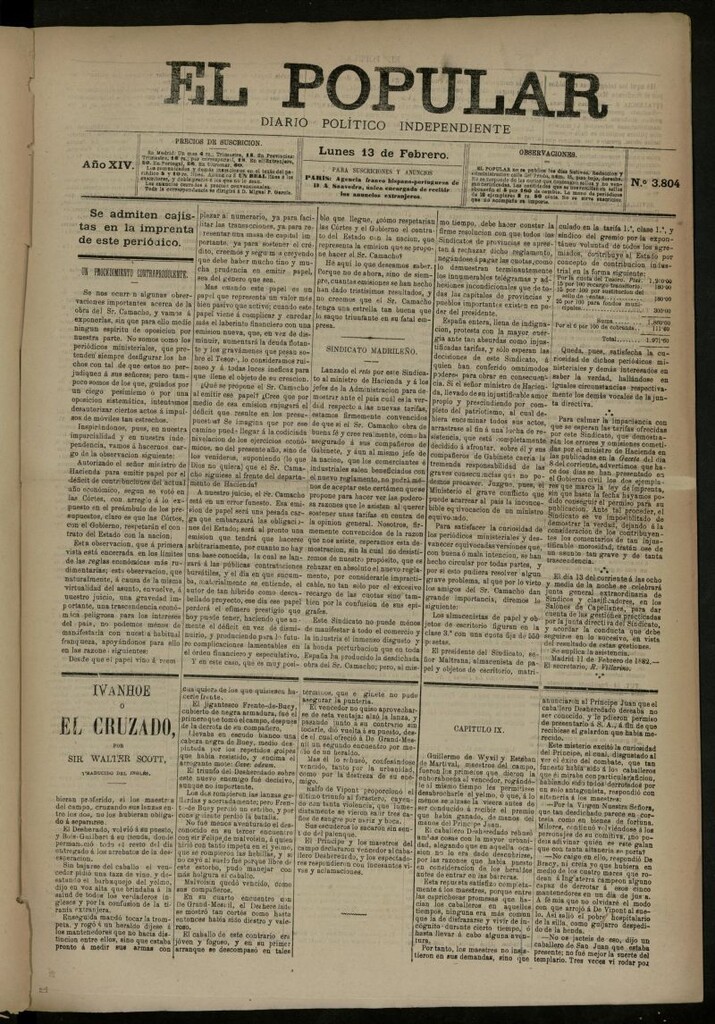 Miniatura de El Popular: diario independiente, político, literario y de noticias de interés general del 13 de febrero de 1882, nº 3804