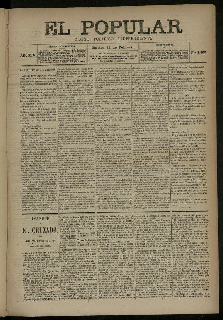 Miniatura de El Popular: diario independiente, político, literario y de noticias de interés general del 14 de febrero de 1882, nº 3805
